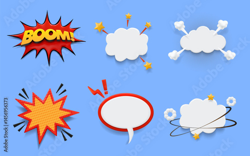 3D explosion. Comic bang. Boom cloud or blast bubble shape. Balloon talk sign for business banner. Blank frame sticker. Bomb burst cloud with sparks. Vector pop art retro elements set
