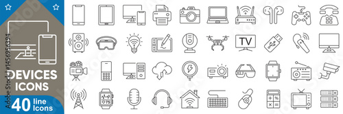 Device line icons set. Modern electronic gadgets, smart devices, digital technology symbols, mobile accessories, computer hardware, home tech and more. Vector illustration