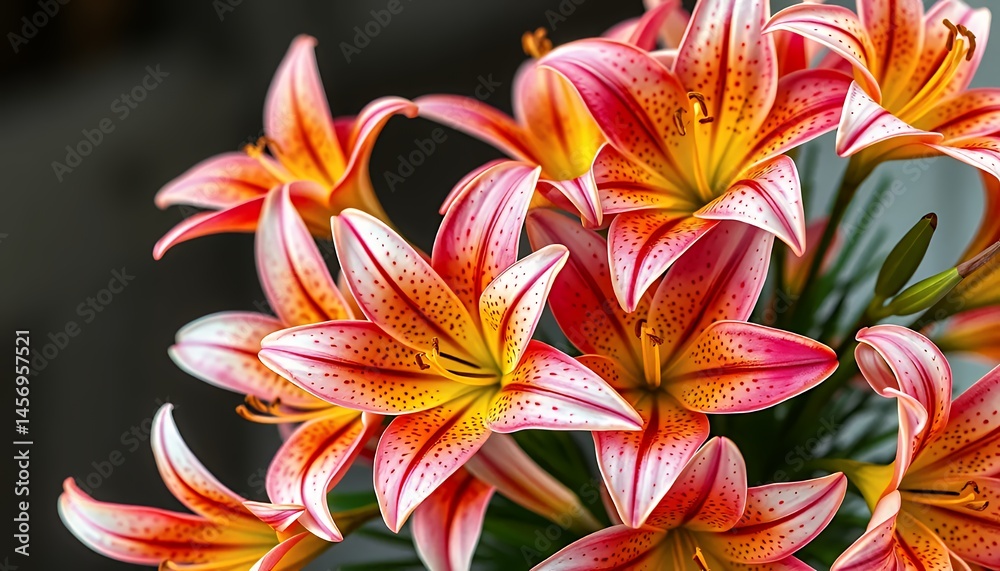 Naklejka premium Dramatic Close Up of Vivid Tiger Lily Flowers with Striking Red Pink and Yellow Petals with Speckled Pattern in a Studio Setting for Floral Design or Botanical Illustration and Decoration