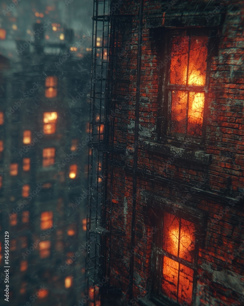 Fototapeta premium Brick building with warm lights. Grim cityscape backdrop