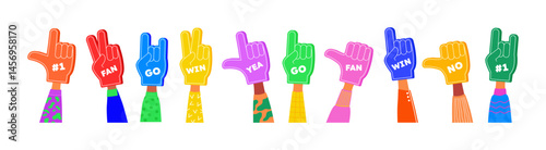 Fan team. Baseball sport finger glove. Best favorite hand for fun stadium. Foam supporter accessories. Competition cheers. Players support. Human arms gestures set. Vector cartoon concept