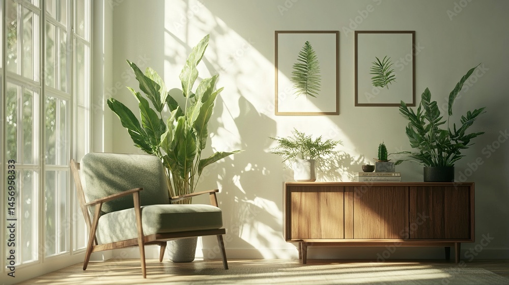 Fototapeta premium 3D rendering of a mockup white wall in a living room interior with an armchair and wooden sideboard table on an empty floor, a window with natural light, and plant decoration. Scandinavian-style home 