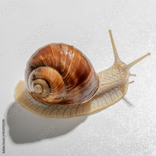Translucent snail exploring a sunlit realm suggests introspective journeys, invoking Slow Art Day serenity and Snail Mail Revival nostalgia