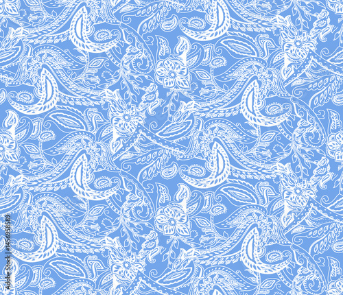 seamless beautiful  pattern with blue flowers and paisley