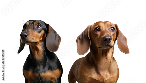 Two dachshunds of different colors, close-up, standing side by side and looking up at their invisible owner, isolated on transparent background
