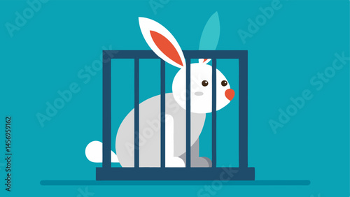 Confined Rabbit A rabbit sitting in a small dirty cage with no bedding gnawing on bars showing signs of distress and boredom.