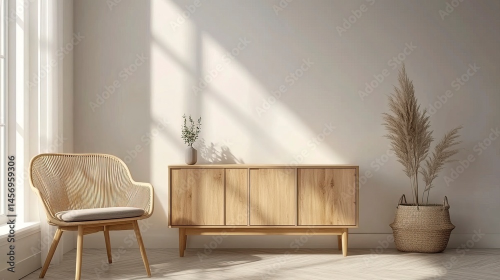3D rendering of a mockup white wall in a living room interior with an armchair and wooden sideboard table on an empty floor, a window with natural light, and plant decoration. Scandinavian-style home 3D rendering of a mockup white wall in a living room interior with an armchair and wooden sideboard table on an empty floor, a window with natural light, and plant decoration. Scandinavian-style home