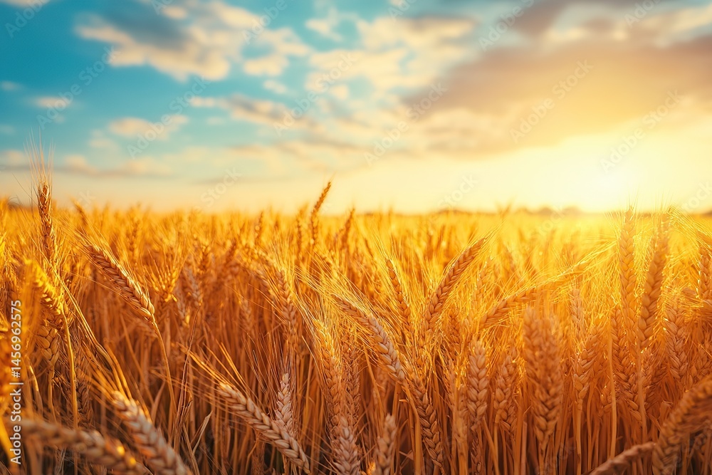Golden wheat field under a warm sunset sky with soft clouds in the background Golden wheat field under a warm sunset sky with soft clouds in the background