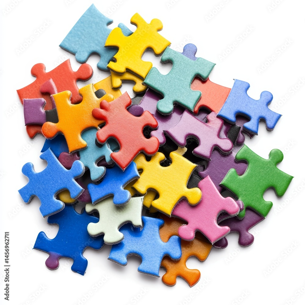 Fototapeta premium On a flat surface, a diverse array of puzzle pieces are scattered, forming an abstract representation of the interplay between complexity and creativity
