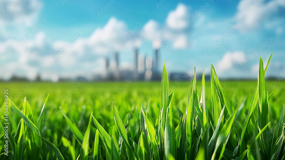 Fototapeta premium Lush green grass in field with blurred city skyline in background, evoking sense of nature and urban contrast
