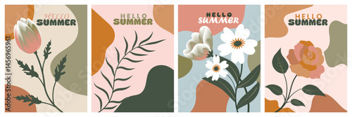 Summer art painting wall decor greeting cards set plants, leaves, flowers art. Abstract and minimalist style poster, banner, covers, ads, branding, labels, template walldecoration