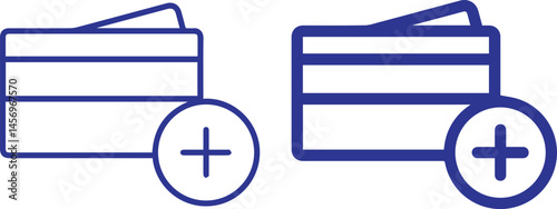 Credit card icons, minimalist design, blue outlines, add symbol, plus sign, banking illustration, financial symbols, simple geometric shapes