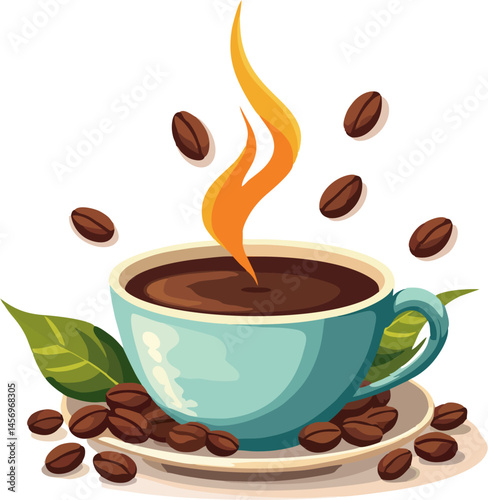 Colorful Vector Illustration of Hot Coffee in Blue Cup with Coffee Beans and Leaves Flying Around - Fresh Brewed Beverage Concept on White Background