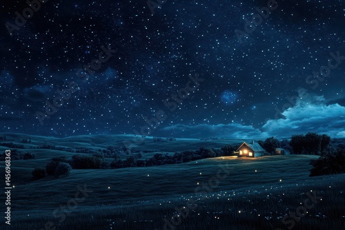 3d illustration of peaceful countryside under breathtaking starry sky with single house lit by candlelight symbolizing earth hour rendered in realistic detail with atmospheric lighting