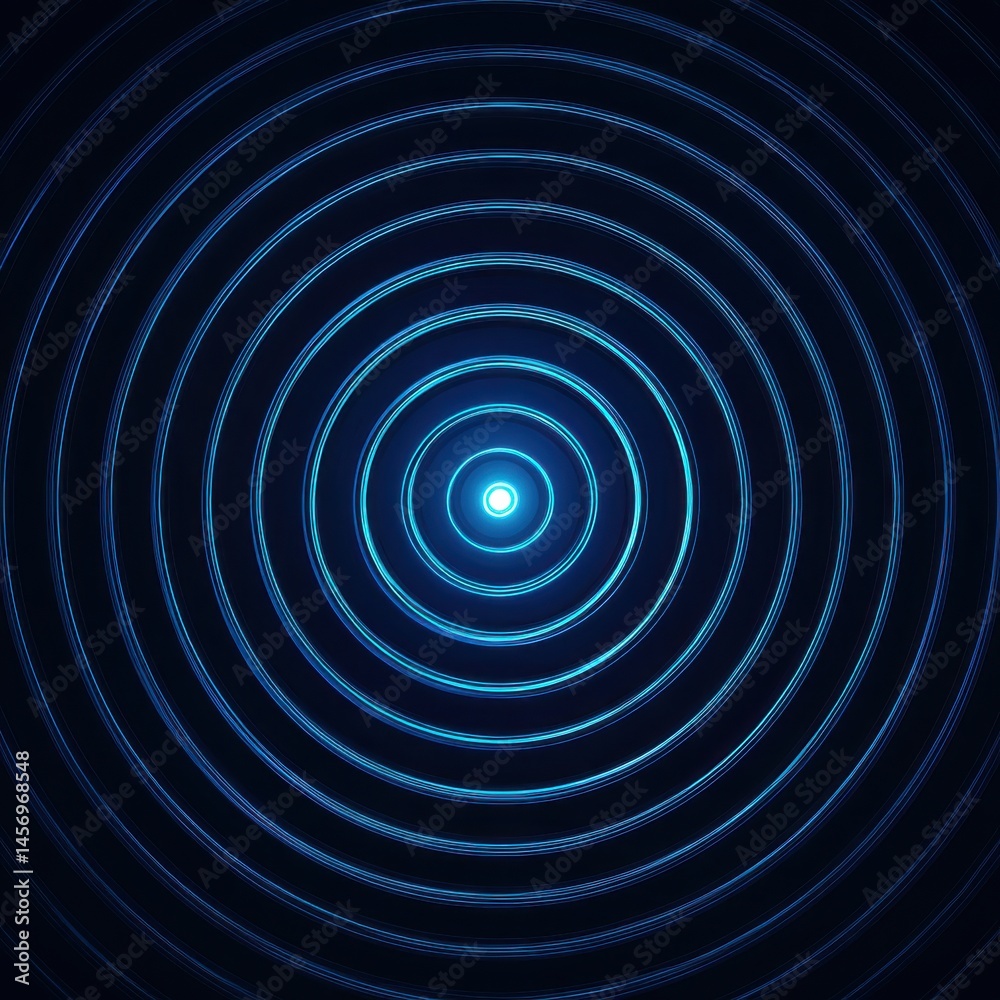 Obraz premium Radiant Sonar Waves: Blue Concentric Circles Illustrating a Signal Source in an Abstract Soundscape