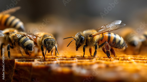 Close-up of bees gathering nectar on honeycomb in a vibrant hive environment
