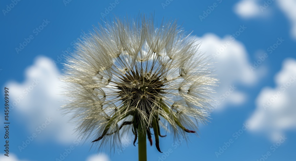 Obraz premium Dandelion Seed Head Against Blue Sky and White Clouds