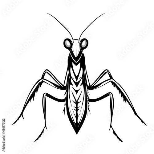 Mantis symbol - black and white & minimalist design for tattoos, logos, vectors - isolated on white background.