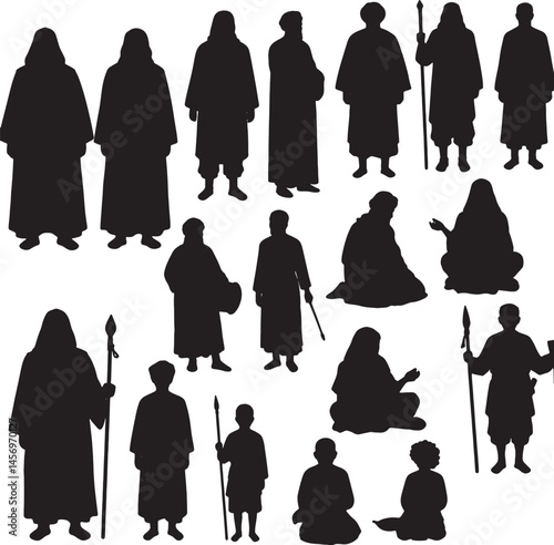 Arab Traditional Cultural Silhouette Collection: Figures in Robes, Headpieces, and Poses for Stenciling, Cutting, and Engraving – Standing, Interacting, Seated with Staffs, Vessels, and Instruments