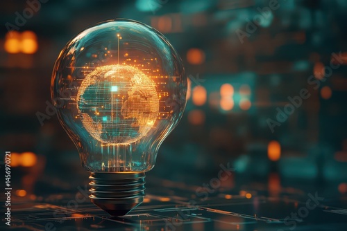 3d illustration of transparent light bulb containing miniature earth surrounded by digital circuitry representing eco-friendly technology with futuristic reflections