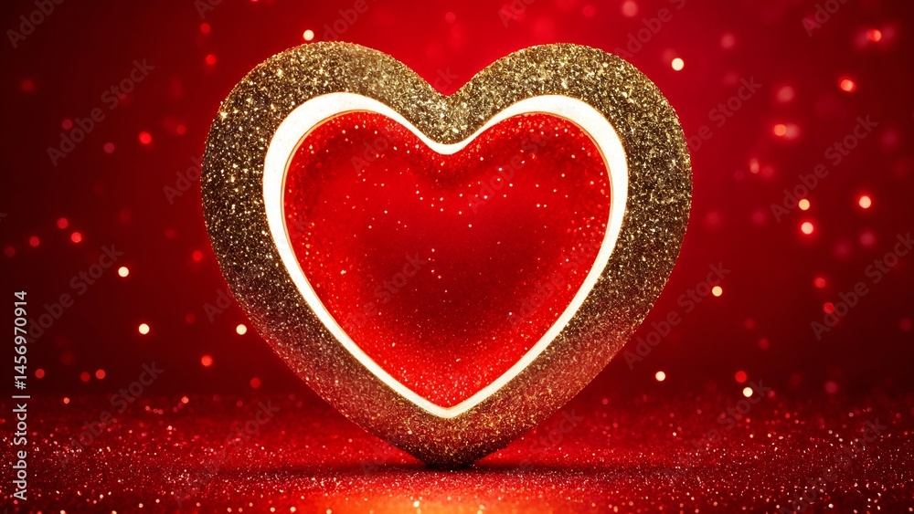 A red and gold glitter heart on a red background. A red and gold glitter heart on a red background.