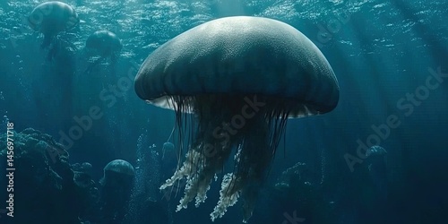 Submerged jellyfish in deep ocean depths
