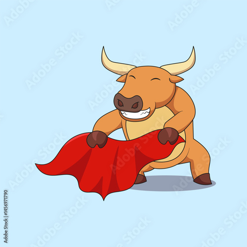 Cute brown bull holding red cloth as matador
