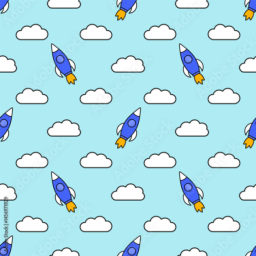 Seamless pattern with rockets and clouds on a blue background. Vector background for fabric print, cover, parer, wallpaper. Design for kids, boys