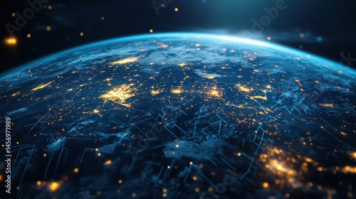 3d illustration of earth with glowing city lights visible across continents seen from space with futuristic digital grid highlighting earth’s geography