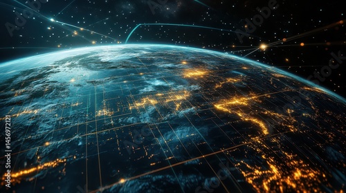 3d illustration of earth with glowing city lights visible across continents seen from space with futuristic digital grid highlighting earth’s geography