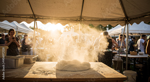 Dough slapping onto counter, flour burst caught mid-air under rustic tent canopy, crowd laughter faintly blurred

