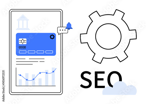 Digital interface featuring analytics chart, credit card graphic, SEO text, gear icon. Ideal for data management, search marketing, optimization, online transactions, fintech tools digital strategy