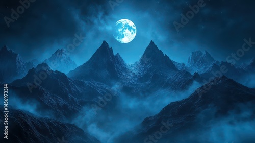 3d illustration of majestic mountain peaks bathed in soft moonlight with glowing full moon and mist rolling through valleys creating mystical ambiance
