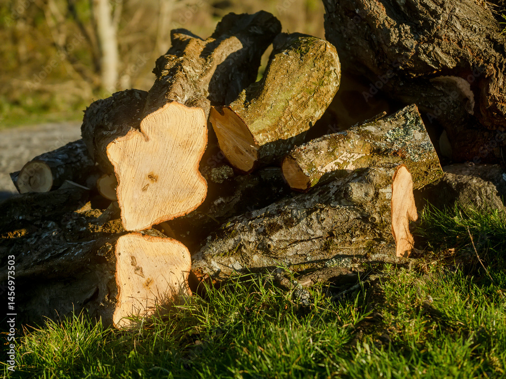 A pile of wood logs in a grassy field. The logs are stacked in a way that they form a triangle. The sun is shining on the logs, creating a warm and inviting atmosphere. Park maintenance.
