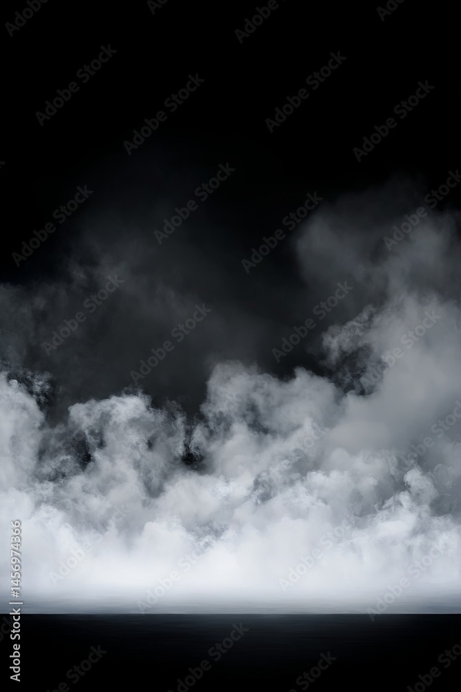 Fototapeta premium Dense ethereal white fog resting near the bottom of a solid black background, with smooth transitions and no visible light source Generative AI