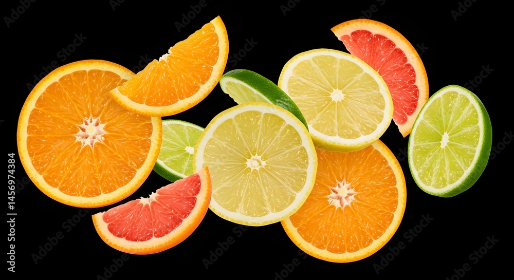 Fototapeta premium Mixed citrus fruit slices (orange, lemon, lime) in mid-air, with detailed pulp, rind, and subtle shadows, isolated on black