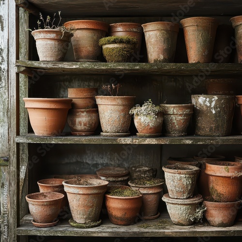 Collection of vintage clay plant pots with visible aging and moss stacked in rustic greenhouse setting
