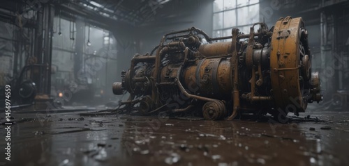Water stains, peeling paint, corroded machinery in gloom,  broken,  factory,  heavy industry