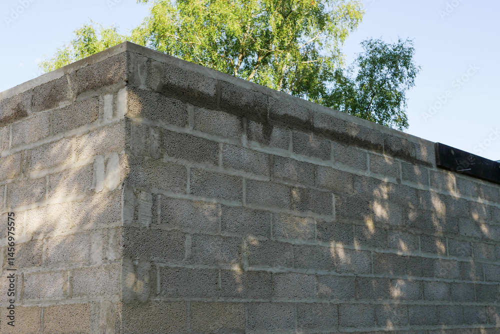 Concrete blocks wall building without window. Garage or workshop construction site. Green tall tree and blue sky in the background.