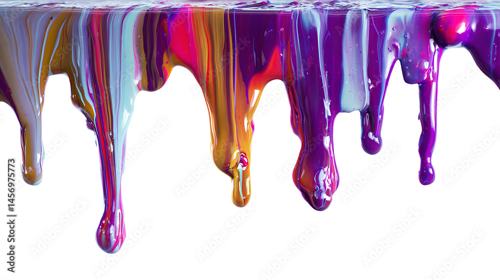 Vivid paint drips in vibrant colors creating an artistic flow on a white background Vivid paint drips in vibrant colors creating an artistic flow on a white background