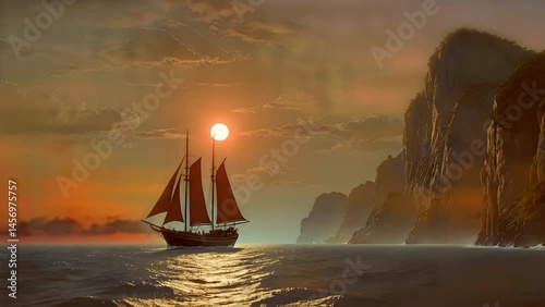 Silhouette of vintage sailing ship at golden sunset near dramatic sea cliffs and glowing horizon