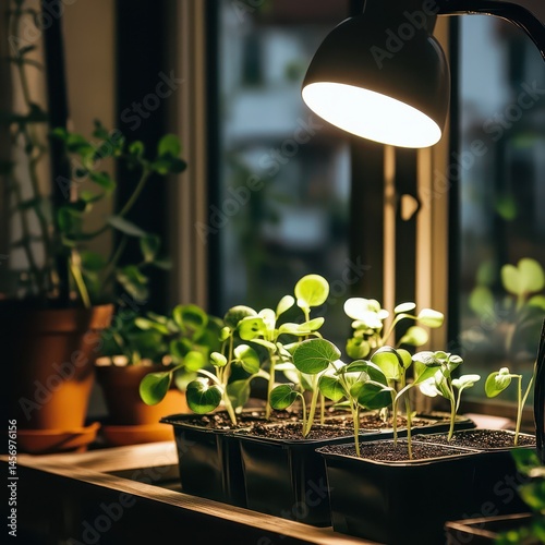Cozy indoor garden scene with seedlings in small trays showing delicate green leaves just beginning to grow under artificial grow lights