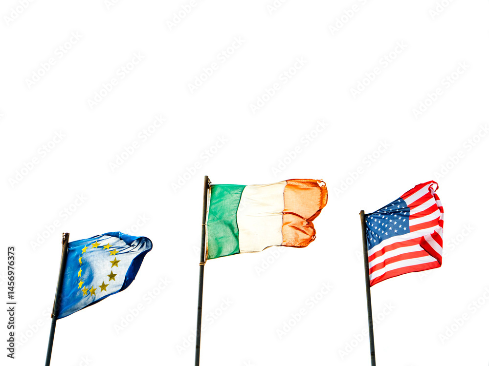 Flags or Euro Union, Ireland and USA. Friendship and social and economical relationship concept. White isolated background. Copy space.