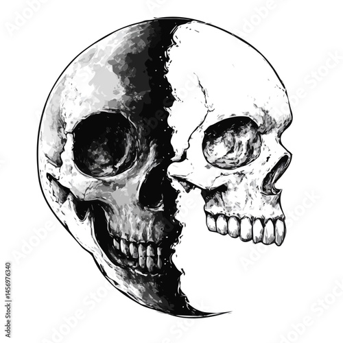 Black and white Moon And Skull symbol, perfect for tattoos, vectors, logos, isolated on a white background.