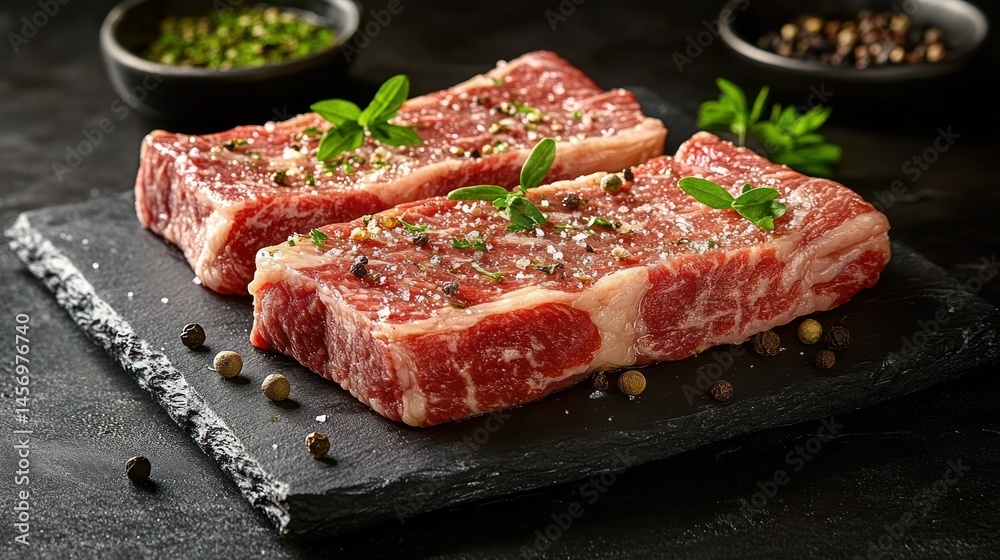 Fresh raw beef steaks seasoned with herbs and spices on a slate board Fresh raw beef steaks seasoned with herbs and spices on a slate board
