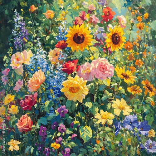Colorful mix of blooming flowers in garden with roses sunflowers and violets in sun-drenched outdoor setting
