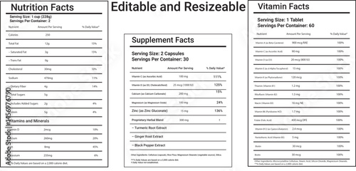 Editable and Resizable Nutrition, Supplement, and Vitamin Facts Label Vector Templates, Perfect for Packaging Design, Health Products, Dietary Apps, Print Use, and Educational Materials