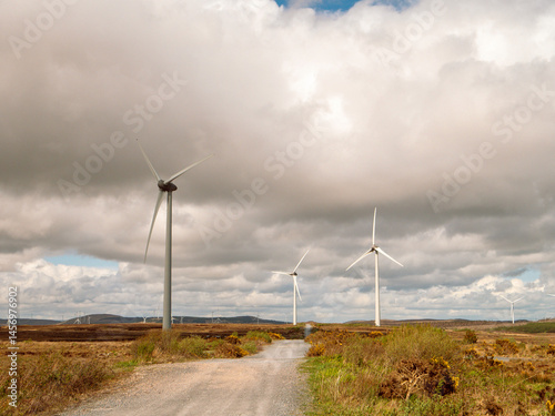 Obraz na płótnie A field of wind turbines with a clear blue cloudy sky in the background. The windmills are tall and spread out across the field. Production of clean green energy. Warm sunny day. Nobody. w salonie