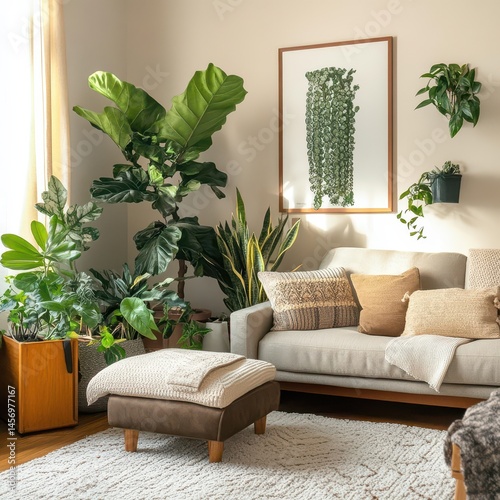 Cozy living room filled with variety of vibrant indoor plants including monstera fiddle-leaf fig and snake plant against modern minimalist backdrop