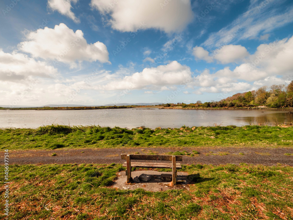 One wooden old bench by a walking path with stunning view on open space with lake and amazing blue cloudy sky. Nature scenery in a park and great place to relax and enjoy the view.